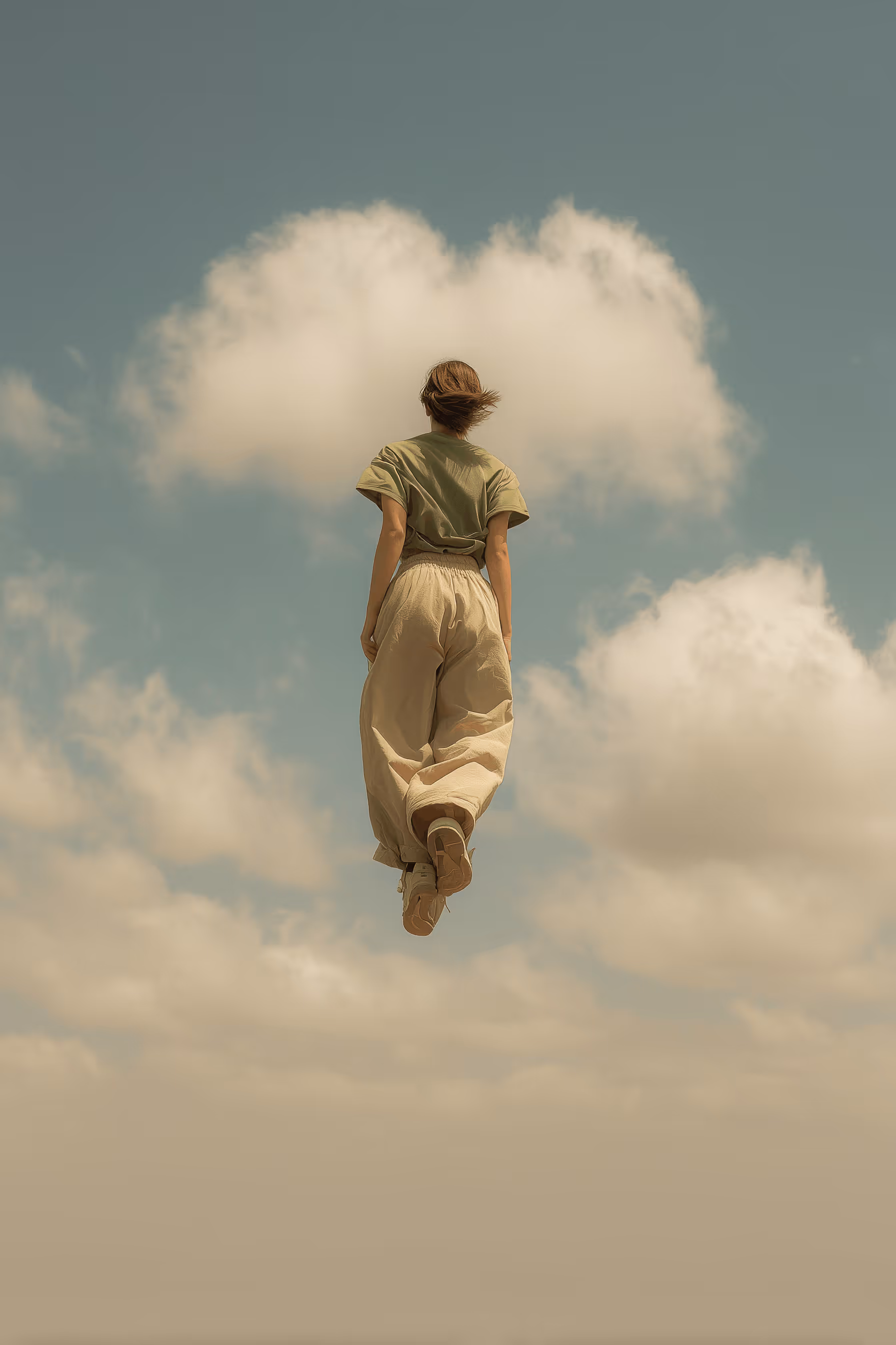 Person wearing beige pants and a green shirt appearing to float or jump against a partly cloudy sky.